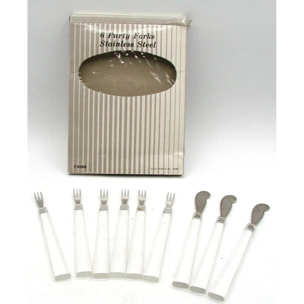 Acrylic Party Flatware Stainless Steel Clear MCM NIB Vtg Forks (6) Speaders (3)